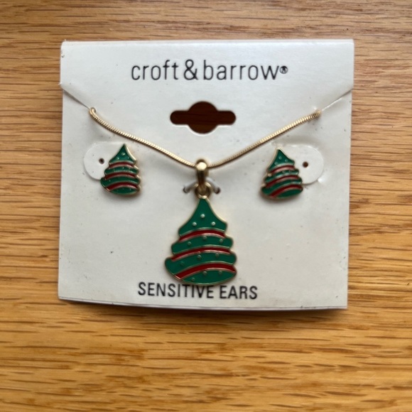 NWOT Croft & Borrow Holiday Christmas Tree gold tone necklace & stud earrings. - Picture 2 of 4